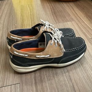 Rockport Works SZ 9 Women's Steel Toe Sailing Club Boat Shoe Navy Blue Tan RK670